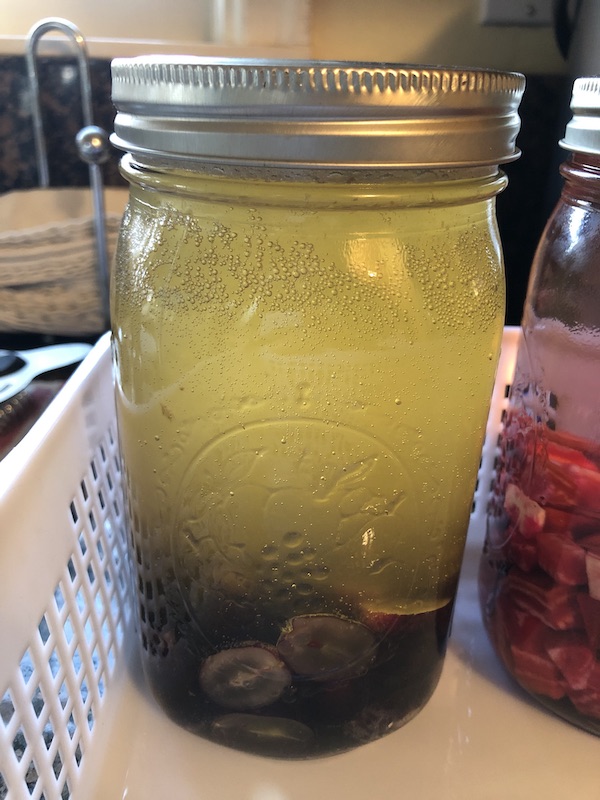 A mason jar filled with a honey water kefir in secondary fermentation along with a bunch of very sweet grapes